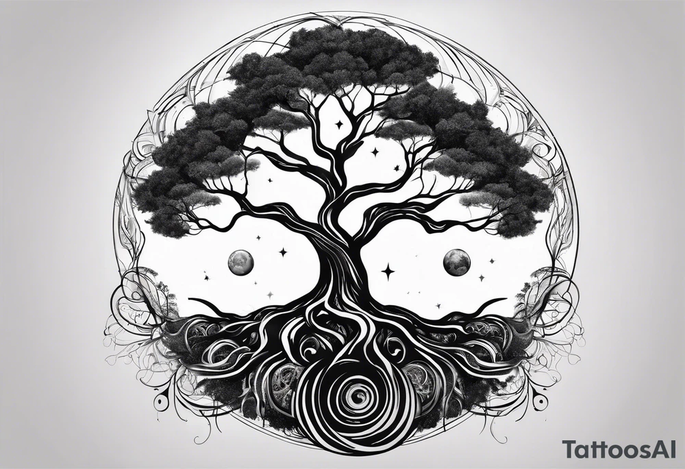 circle of life tree
the roots of the tree wrapped around a planet
the planet is below the tree
the roots of the tree are wrapped around the planet tattoo idea