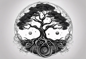 circle of life tree
the roots of the tree wrapped around a planet
the planet is below the tree
the roots of the tree are wrapped around the planet tattoo idea