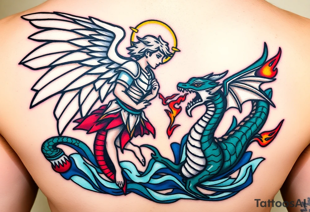 Please create a stained glass style tattoo design featuring an angel and a sea serpent battling each other. The angel should be depicted with dynamic wings and armor, and the sea serpent should have fiery breath and a menacing appearance. Both should be designed in a classic stained glass style, with bold black outlines and vibrant, rich colors. The design should reflect the detailed, intricate patterns typical of stained glass art, giving it a bold and striking visual effect tattoo idea