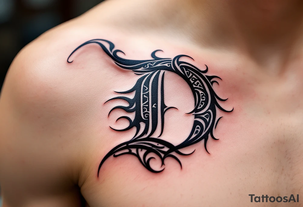 Tribal Style D – A sharp, black ink D stylized with tribal spikes and swirls, resembling Polynesian or Maori patterns. tattoo idea