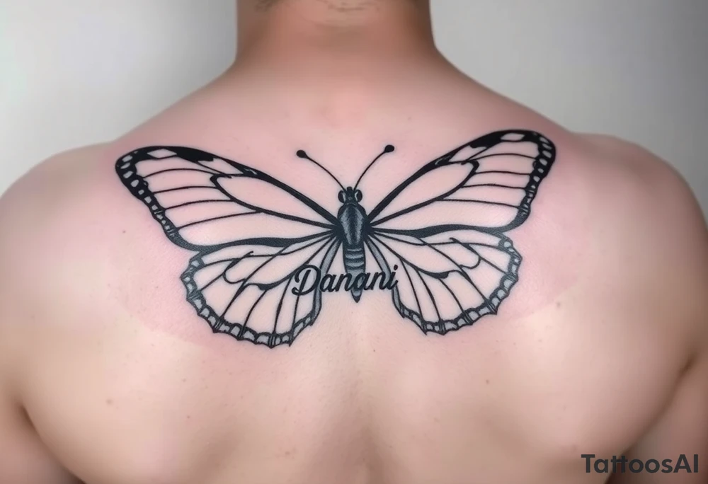 Butterfly with names Damani and Donovan made with the shape of the wingspan and the body of the Butterfly shaped with the name Dalyla tattoo idea