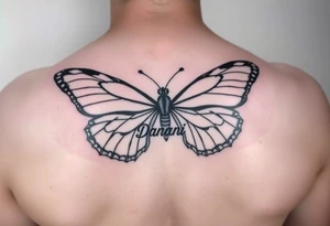 Butterfly with names Damani and Donovan made with the shape of the wingspan and the body of the Butterfly shaped with the name Dalyla tattoo idea