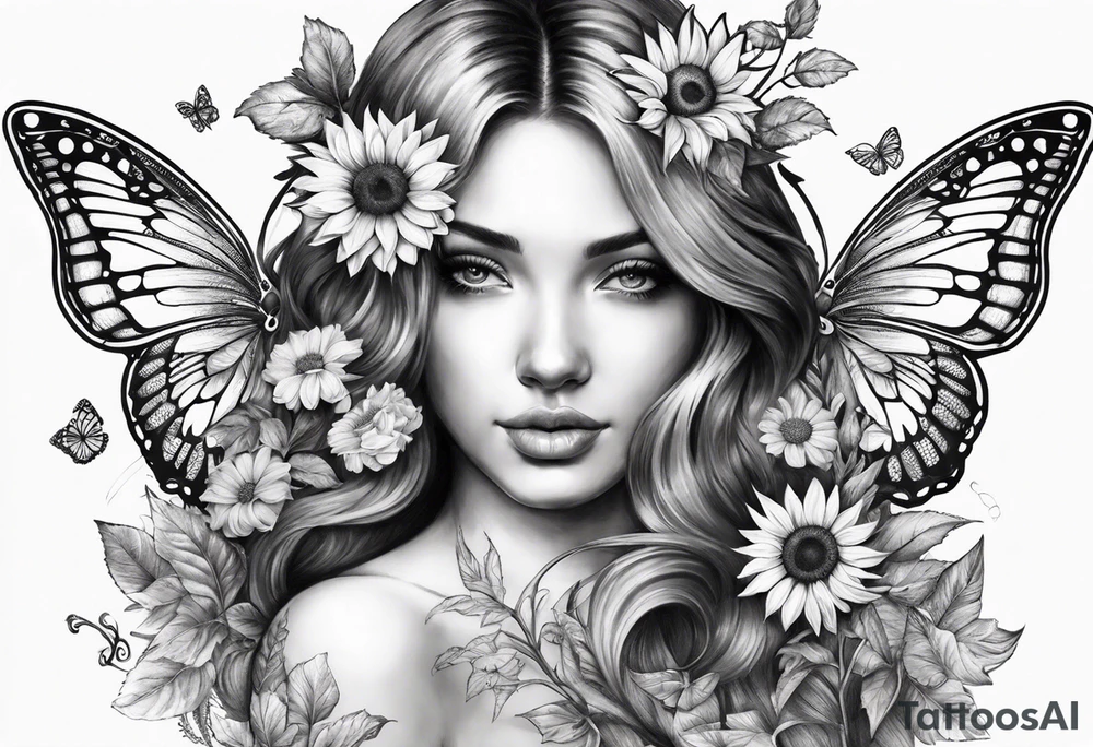Sleeve with angel wings, sunflower and butterfly tattoo idea