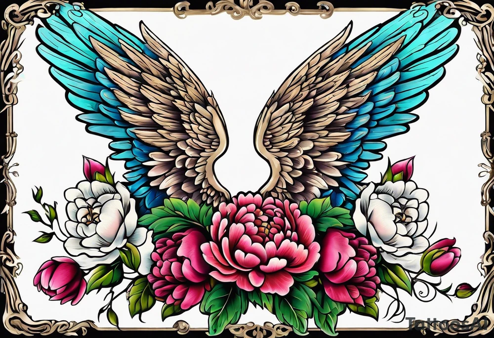 beautiful angel wings with colorful, peonies. beautiful flilligree in the background , full color, traditional old school , white background tattoo idea