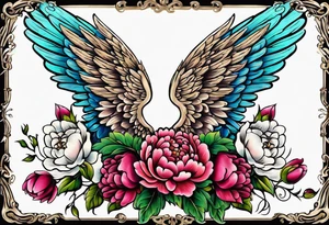 beautiful angel wings with colorful, peonies. beautiful flilligree in the background , full color, traditional old school , white background tattoo idea