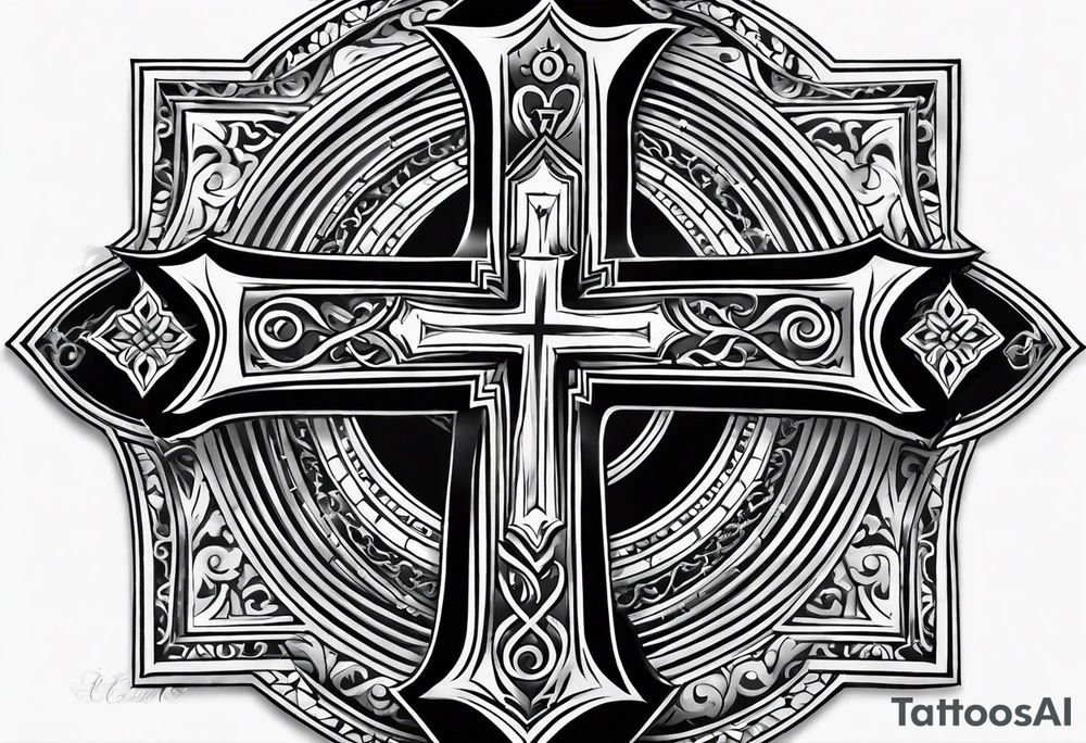 Men’s right pectoral and upper neck tattoo of Coptic Christian cross with black and white fading. Tattoo needs to be realistic with Christian orthodox tone. tattoo idea