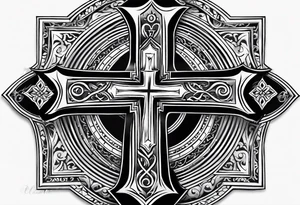 Men’s right pectoral and upper neck tattoo of Coptic Christian cross with black and white fading. Tattoo needs to be realistic with Christian orthodox tone. tattoo idea