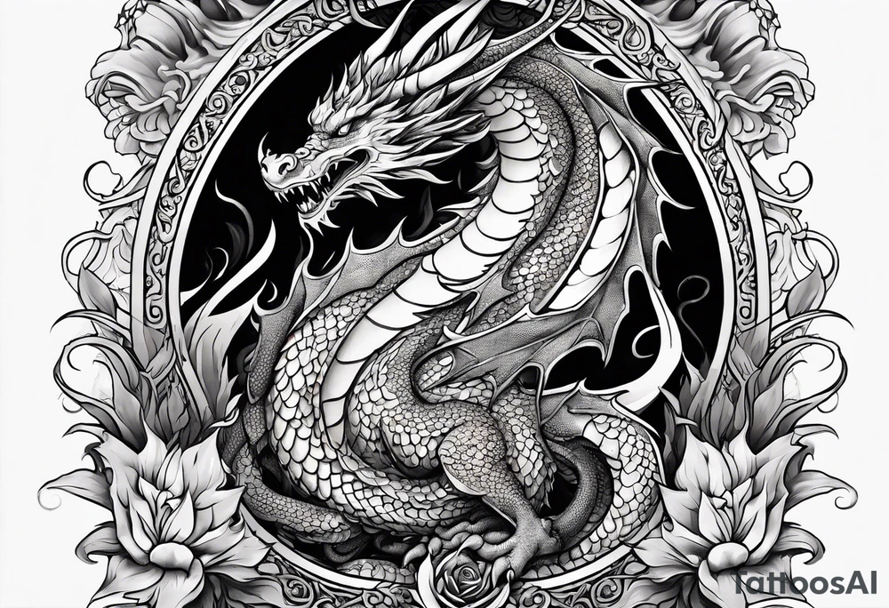 An ornate dragon breathing fire, with intricate scales and a fierce expression, symbolizing power and protection.” tattoo idea