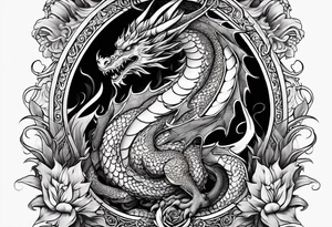 An ornate dragon breathing fire, with intricate scales and a fierce expression, symbolizing power and protection.” tattoo idea
