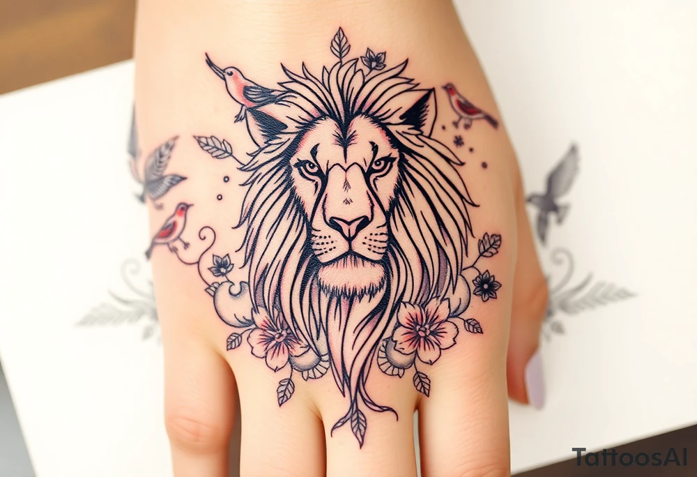 powerful majestic lion with a crown, surrounded by floral ornaments and birds tattoo idea