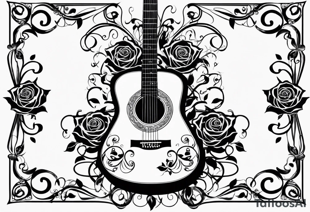 Acoustic guitar treble clef, roses and butterflies on the right side only tattoo idea