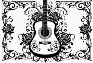 Acoustic guitar treble clef, roses and butterflies on the right side only tattoo idea
