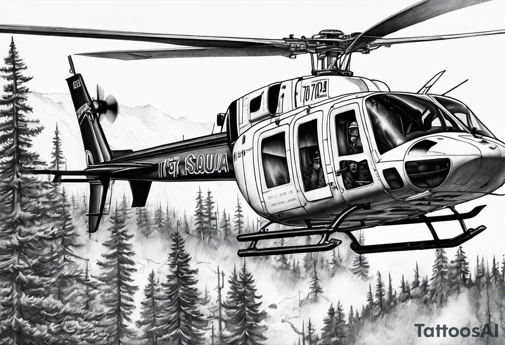 a bell 407 helicopter with the name "T. Sousa" on it, with multiple other helicopters below it, over a wildfire, with the pilot wearing night vision goggles. tattoo idea