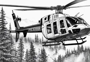 a bell 407 helicopter with the name "T. Sousa" on it, with multiple other helicopters below it, over a wildfire, with the pilot wearing night vision goggles. tattoo idea