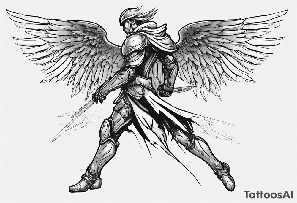 Side view of an angel wearing inorganic armor that is in mid-air in attack position. tattoo idea