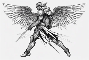 Side view of an angel wearing inorganic armor that is in mid-air in attack position. tattoo idea