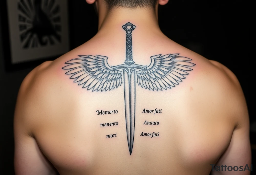 Spine tattoo of excalibur with angle wings with 2 quotes running down each side of the blade memento mori and amor fati tattoo idea