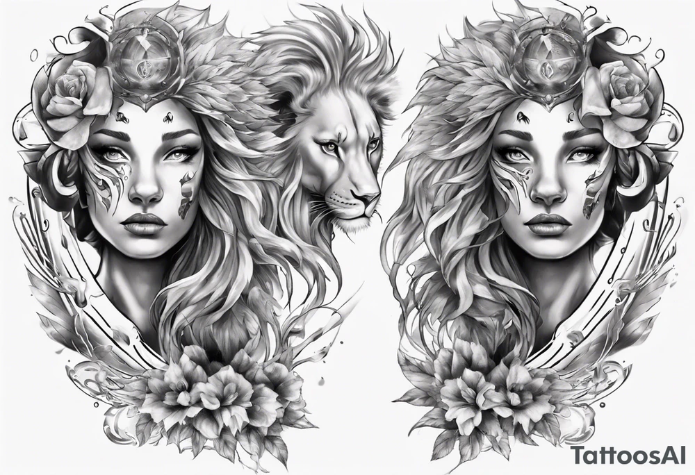 a tattoo which the face will be devided to 2 parts , half lion half godess tattoo idea