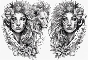 a tattoo which the face will be devided to 2 parts , half lion half godess tattoo idea