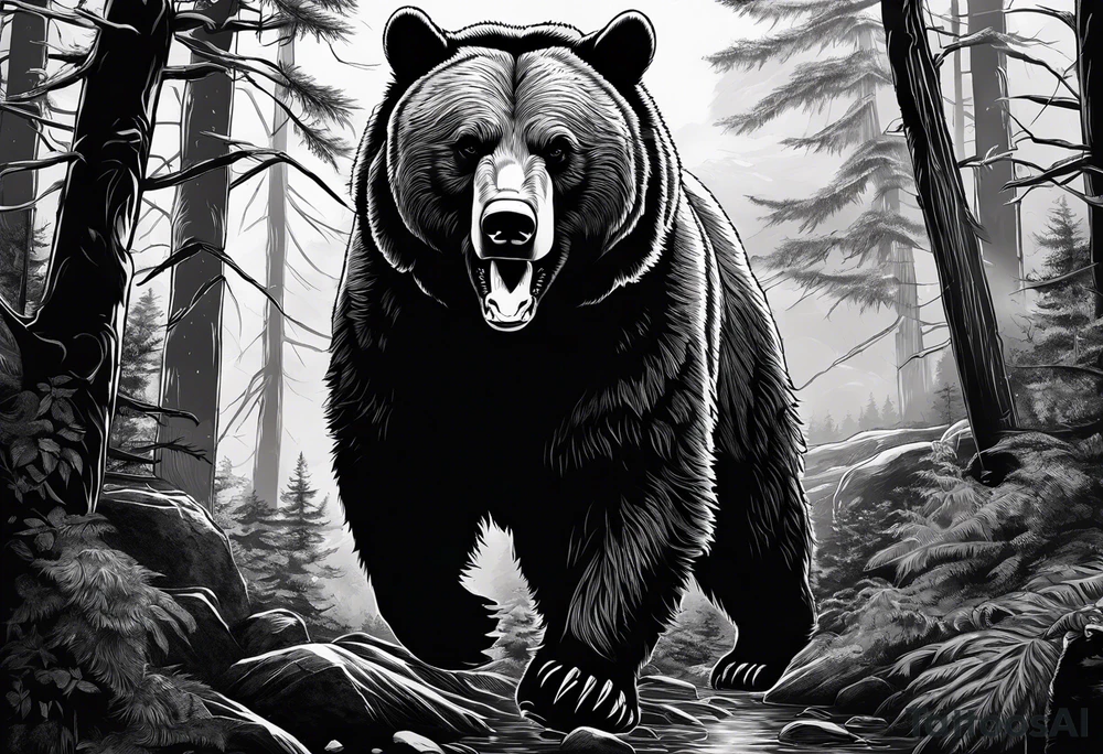 Realistic Bear growling. They are in a cloudy forest. With fierce warriors in the background tattoo idea