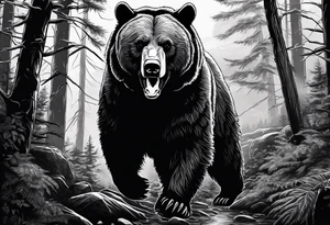 Realistic Bear growling. They are in a cloudy forest. With fierce warriors in the background tattoo idea