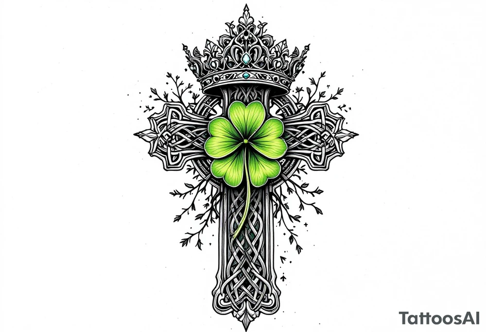 Celtic cross tattoo featuring intricate knotwork patterns along the arms and base of the cross. At the heart of the cross, place a vibrant four-leaf clover, its leaves shaded with subtle gradients of green, symbolizing luck and unity. Above the cross, incorporate a regal crown adorned with ornate details, such as small gemstones or filigree, to signify authority and strength. Behind the cross include a lot of filigree and celtic knots giving a tree of life vibe tattoo idea