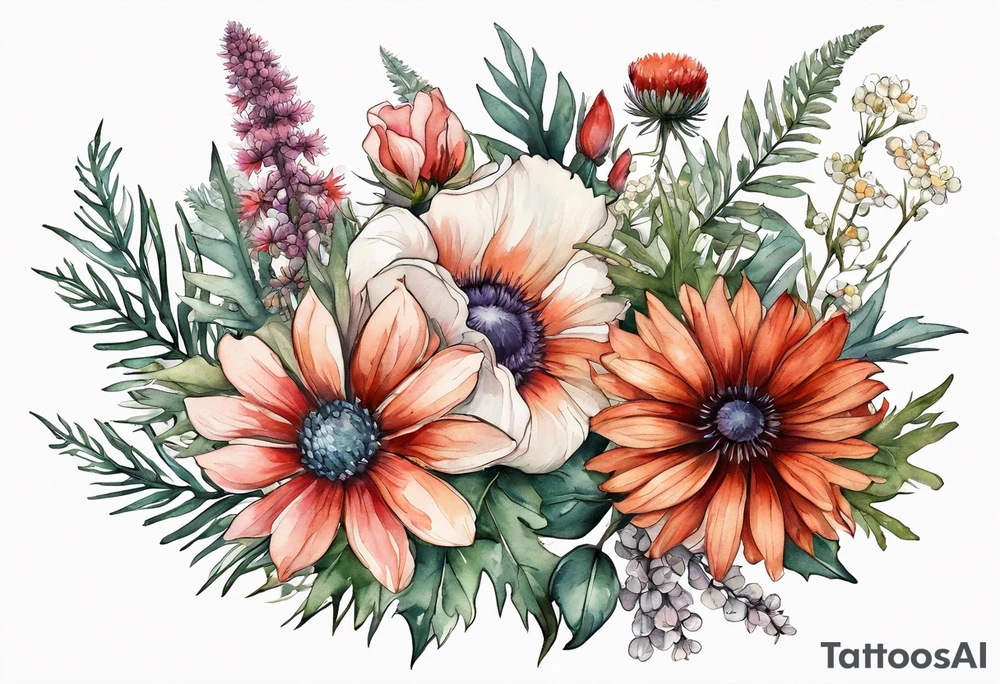 wildflowers with thistles, ferns, white flowers, cream flowers, pink flowers, burnt orange flowers, red flowers and all in watercolor tattoo idea