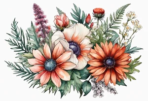 wildflowers with thistles, ferns, white flowers, cream flowers, pink flowers, burnt orange flowers, red flowers and all in watercolor tattoo idea