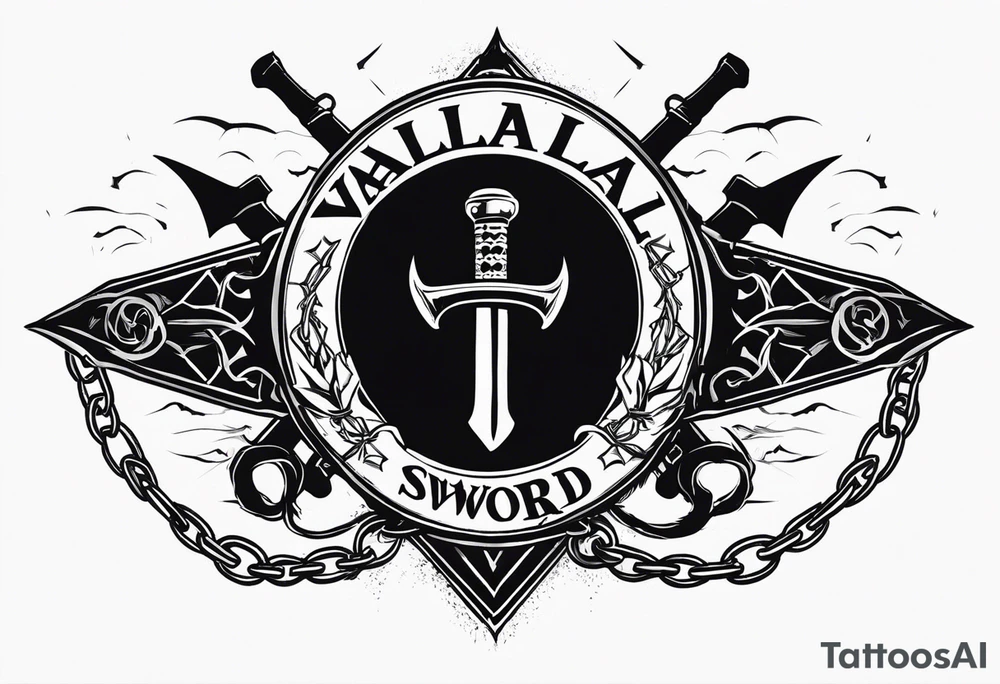 Valhalla sword round
shield axe barbed wire chains dark cloud lightning tattoo idea