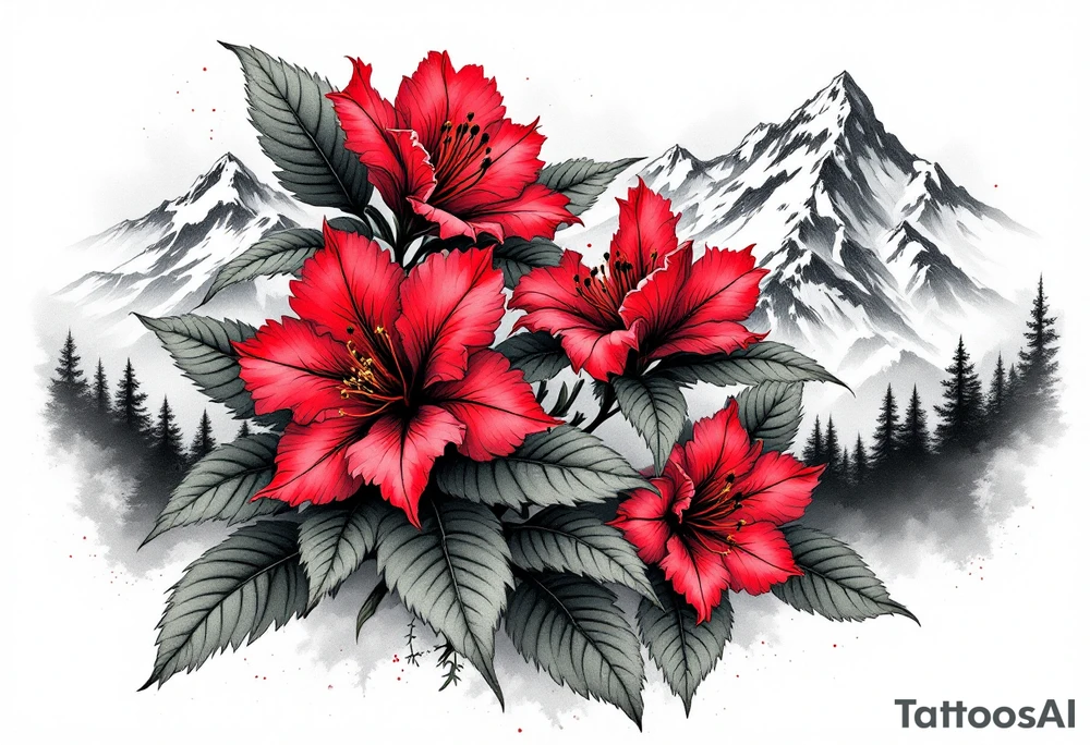 vertical wrist size red  and black rhododendron trippy with Himalayas behind tattoo idea