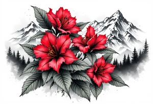 vertical wrist size red  and black rhododendron trippy with Himalayas behind tattoo idea