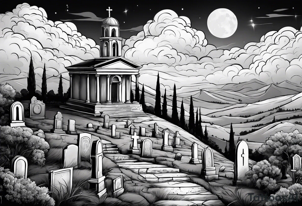 Graveyard with moon and greek church on hills with clouds tattoo idea