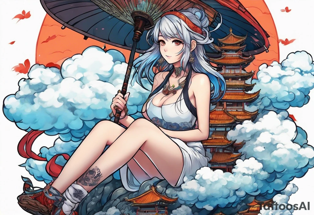 an anime girl sitting on a asian monster surrounded by cloud tattoo idea