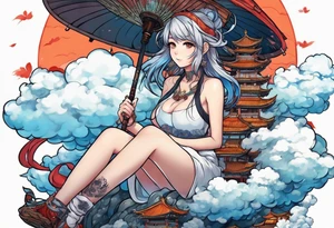 an anime girl sitting on a asian monster surrounded by cloud tattoo idea