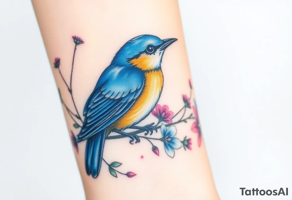 powerful majestic bluebird surrounded by wild flowers tattoo idea