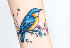 powerful majestic bluebird surrounded by wild flowers tattoo idea