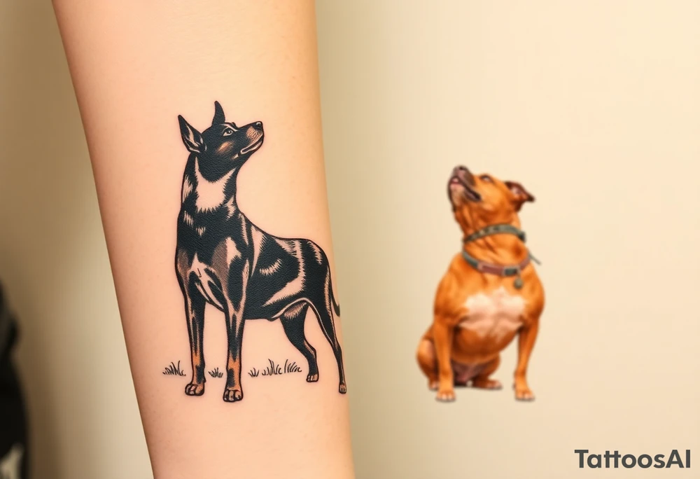 a black merle Australian cattle dog and a tan pitbull standing looking out over into the sunset tattoo idea
