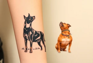a black merle Australian cattle dog and a tan pitbull standing looking out over into the sunset tattoo idea