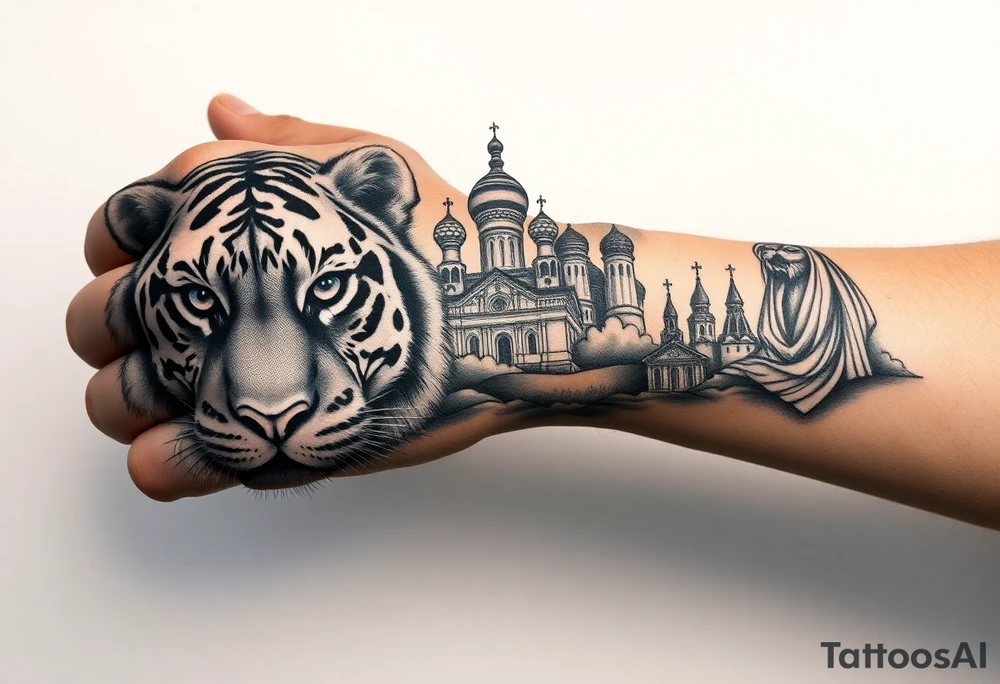 Realistic tiger face on the back of the hand with strong contrast and fine detail with hollow black eyes. with a highly detailed Russian Orthodox cathedral sitting above on fore arm with onion domes and orthodox crosses, done in fine line, engraving-like style. Cohesive composition, black ink only, no color, high contrast, slightly aged, documentary-style, plain light background. with clouds above and a virgin mary 
spanning from my hand to lower fore arm tattoo idea