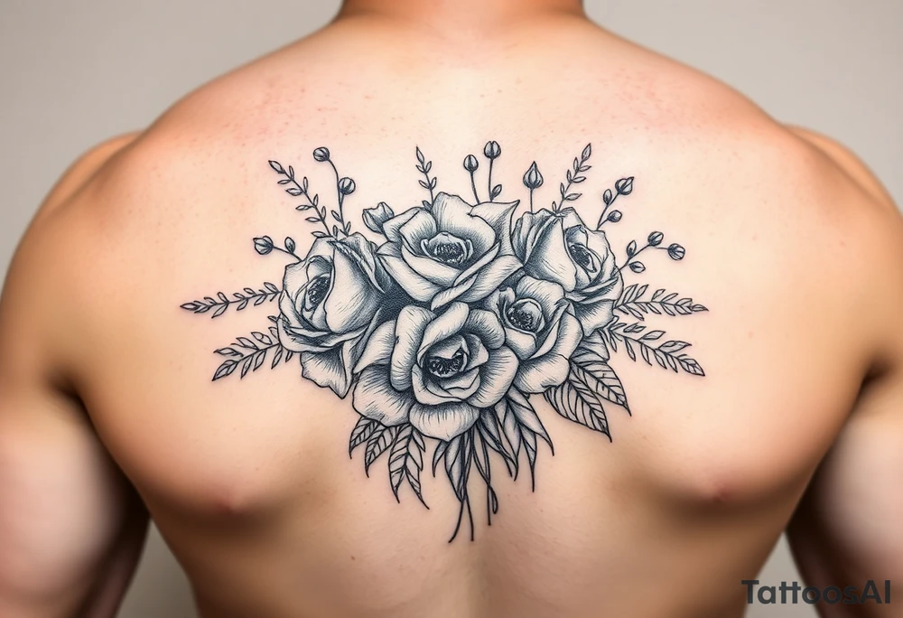 vintage bouquet of wild roses and meadow flowers with morning dew tattoo idea