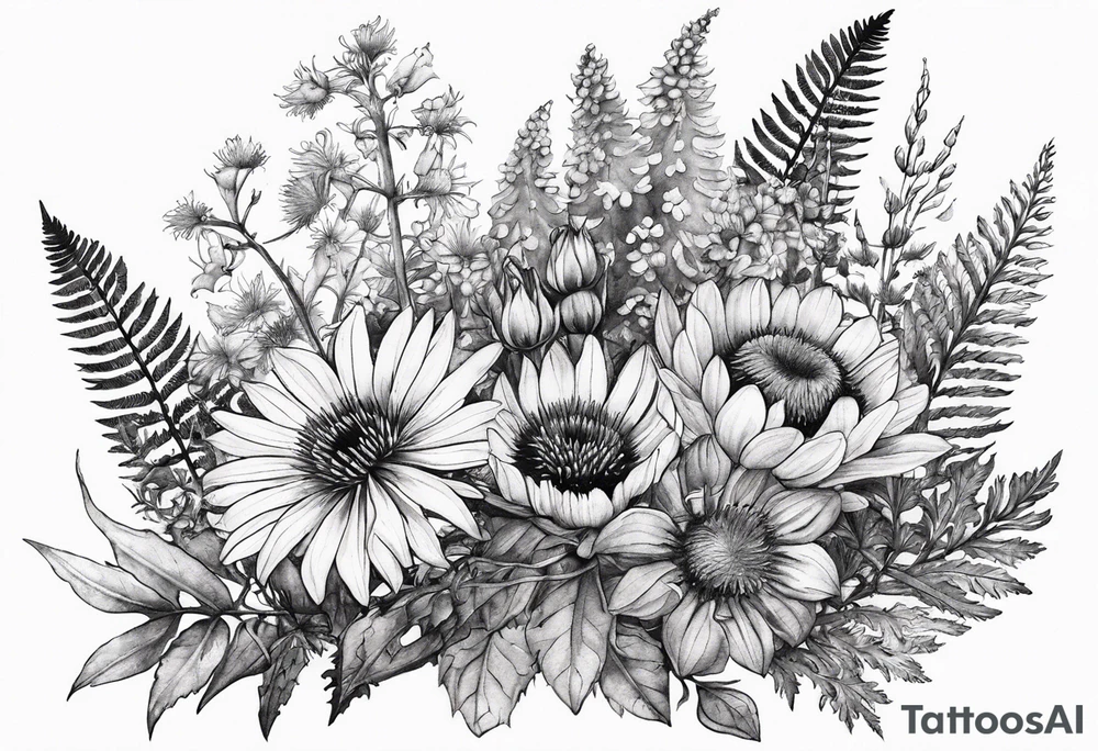 small vertical mixed wildflower bouquet with ferns, thistle and with watercolor tattoo idea