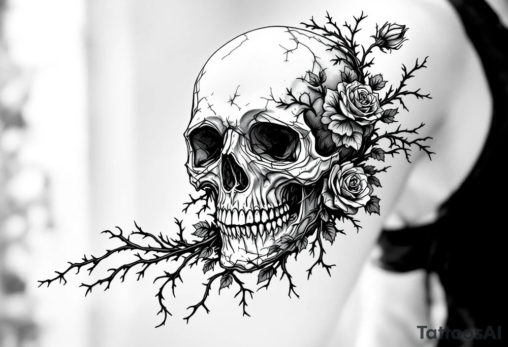 gothic skull intertwined with climbing roses and thorny vines tattoo idea