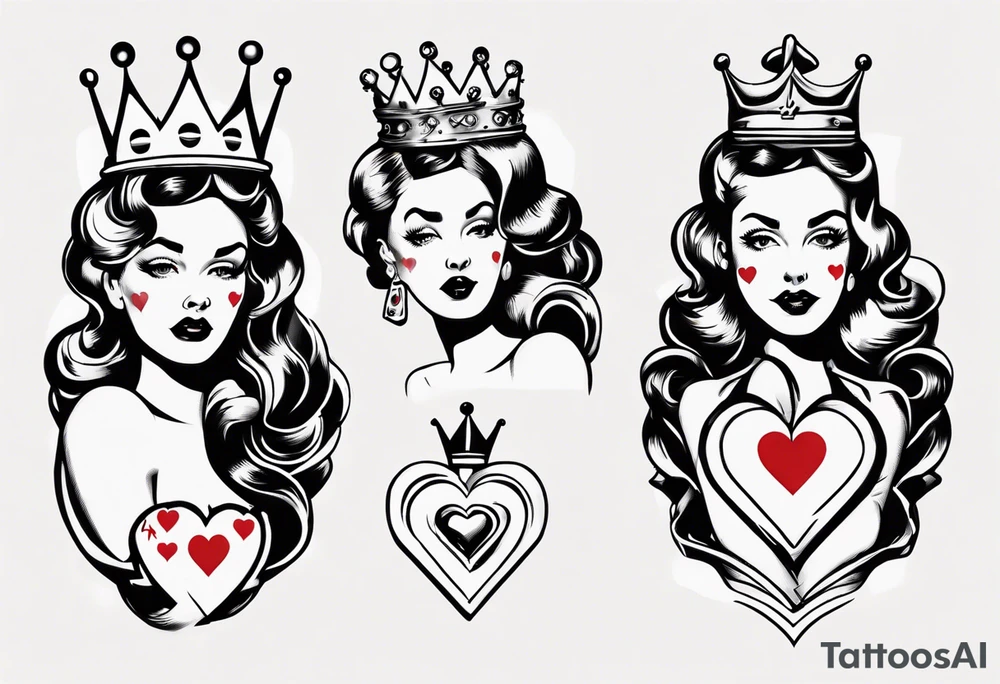 pin-up queen of hearts with white eyes and a crown tattoo idea