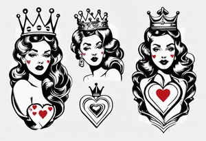 pin-up queen of hearts with white eyes and a crown tattoo idea