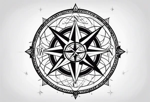 a classic compass rose as the central element with a molecular structure of serotonin tattoo idea