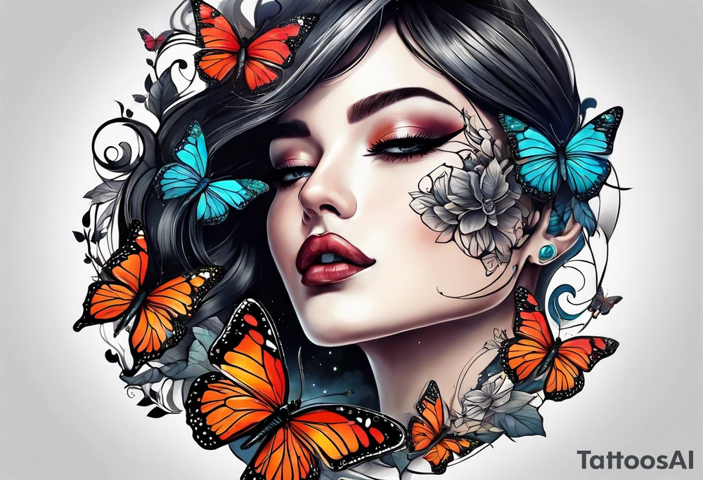 Half moon decorated with butterflies tattoo idea