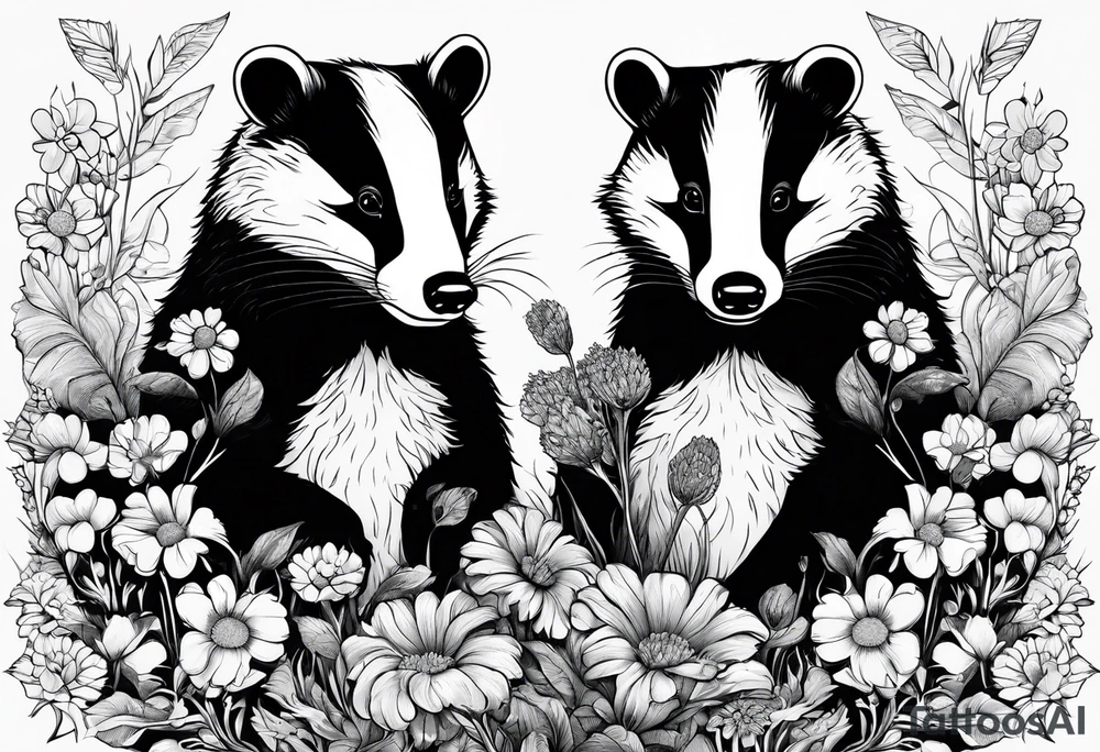 Trippy, pair of badger siblings in a field of flowers smoking a joint tattoo idea