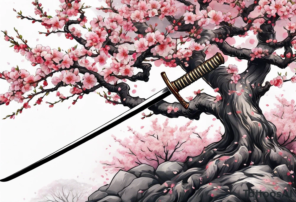 Japanese cherry tree with a katana laying against it tattoo idea