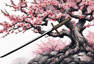 Japanese cherry tree with a katana laying against it tattoo idea
