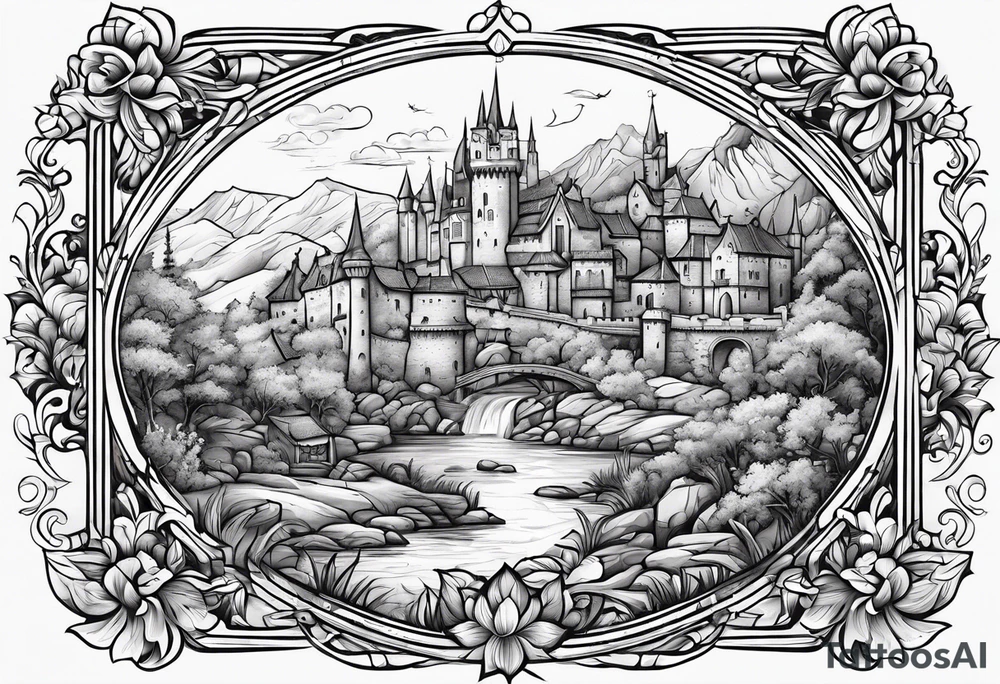 medieval tribal city 
floral  land  vignette tattoo idea